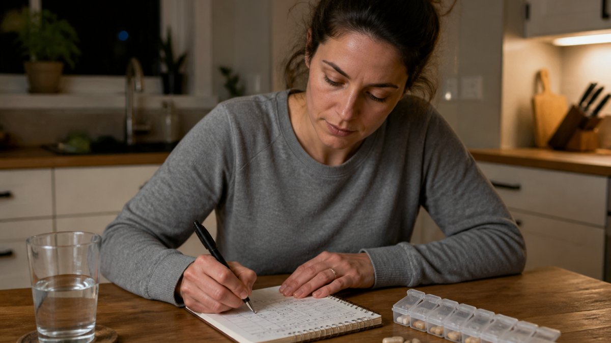 Woman at a table using a headache diary and pill organizer to track daily migraine frequency and patterns.