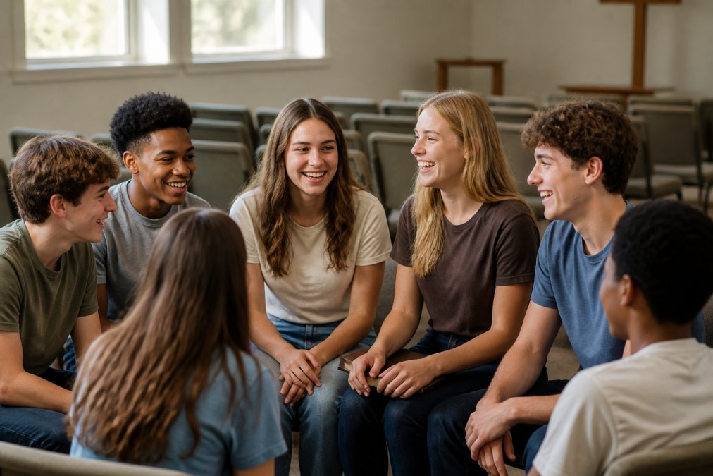 Young people wearing faith-inspired t-shirts gathered together in a youth group or church setting, smiling and engaged, with natural light coming through windows