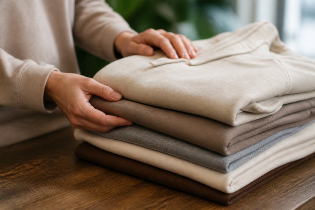 Close-up of folded faith-inspired apparel showing quality construction and design details, with hands touching the fabric, natural lighting highlighting the craftsmanship