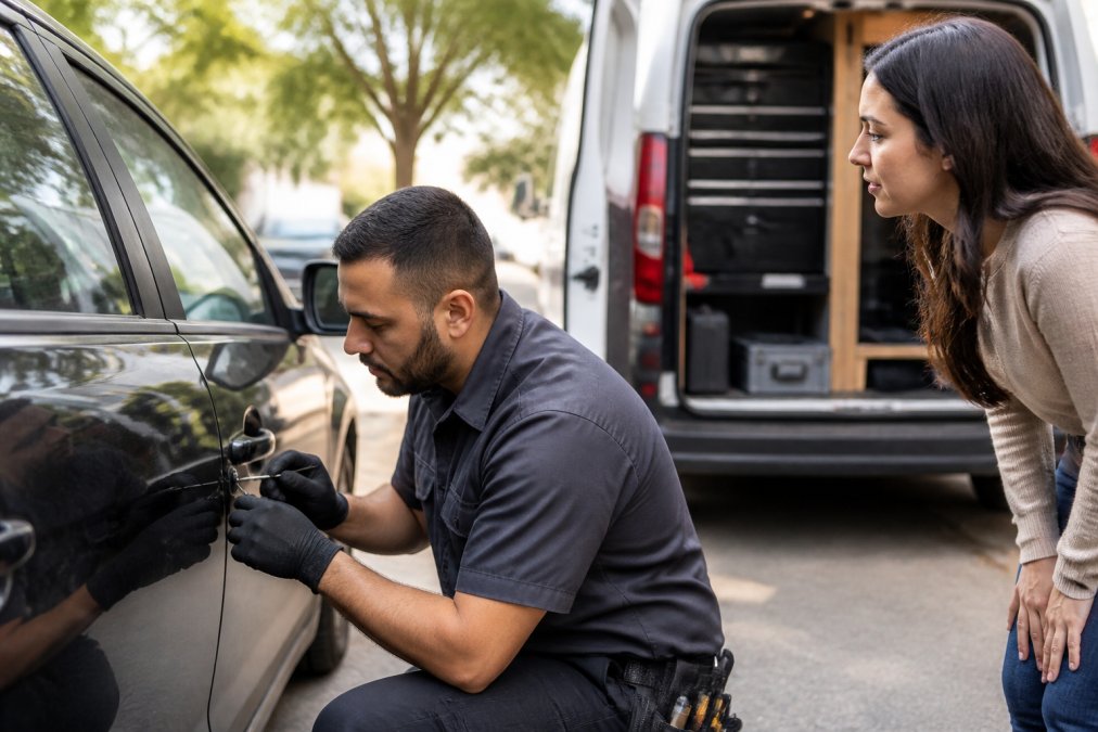Professional locksmith technician working on vehicle door lock with precision tools, wearing uniform, demonstrating on-site expertise with mobile service vehicle in background