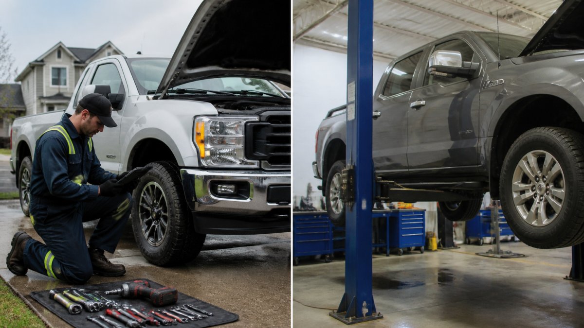 Certified mechanic performing a mobile inspection on a used truck in a driveway to show why choose mobile over shop