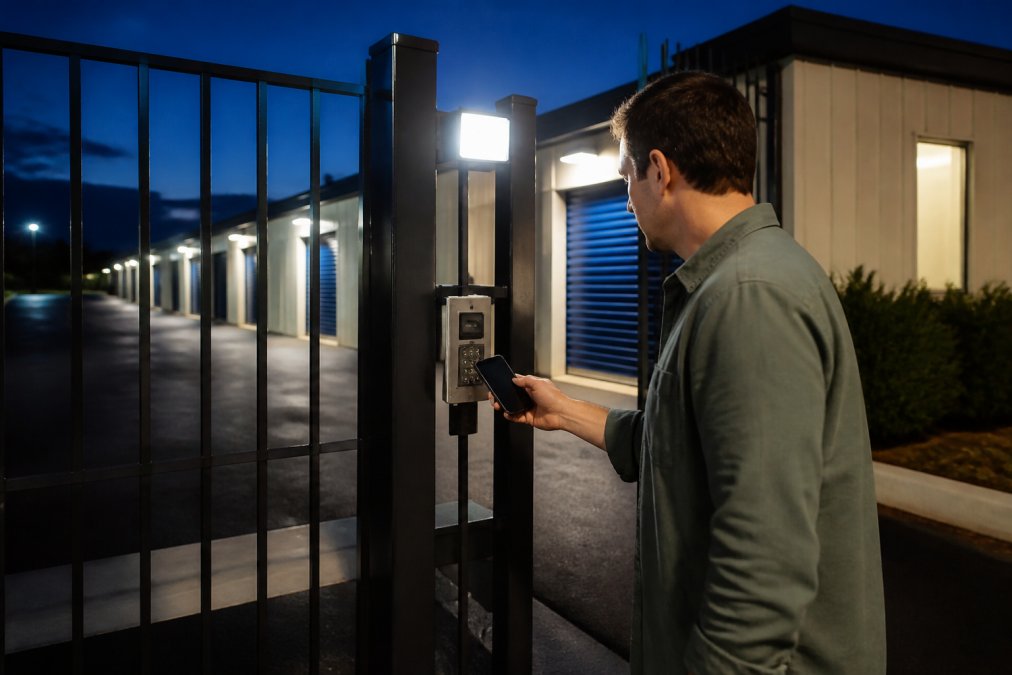 Customer using smartphone to unlock storage unit gate at night, facility illuminated with LED lighting and secure access point visible, person in casual clothing