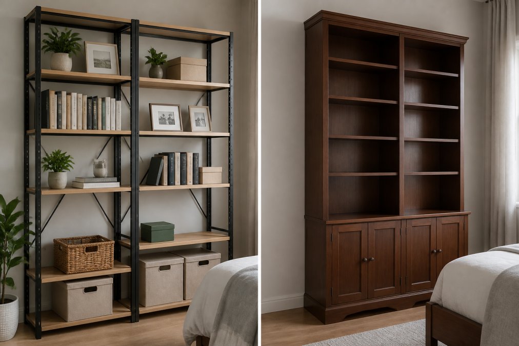 Modern bedroom with a tall modular shelving unit displaying adjustable wooden shelves holding books, potted plants, decorative boxes, and framed photos, demonstrating flexible reconfiguration and clean aesthetic