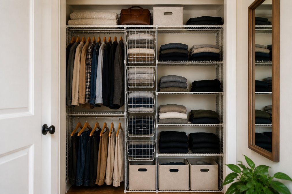 Compact apartment closet with a modular wire shelving system installed floor-to-ceiling, showing cube storage, adjustable wire shelves holding folded clothes and storage boxes, maximizing vertical space in tight quarters