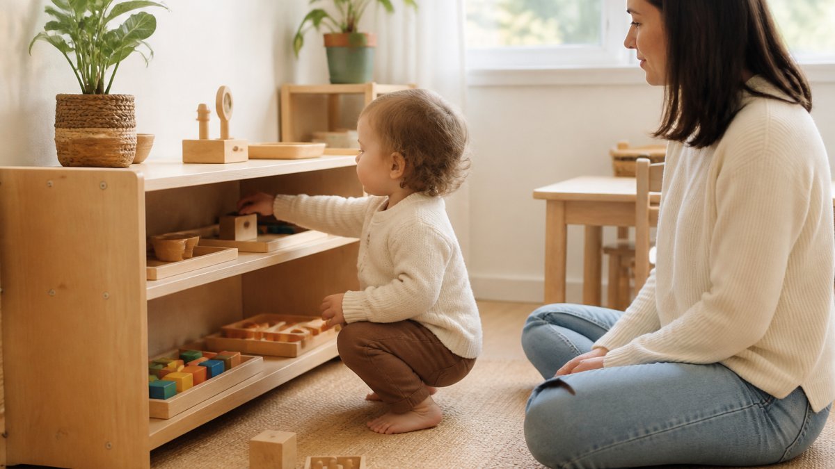 Toddler selecting a toy from a low wooden shelf as a parent observes in a calm, naturally lit home environment.