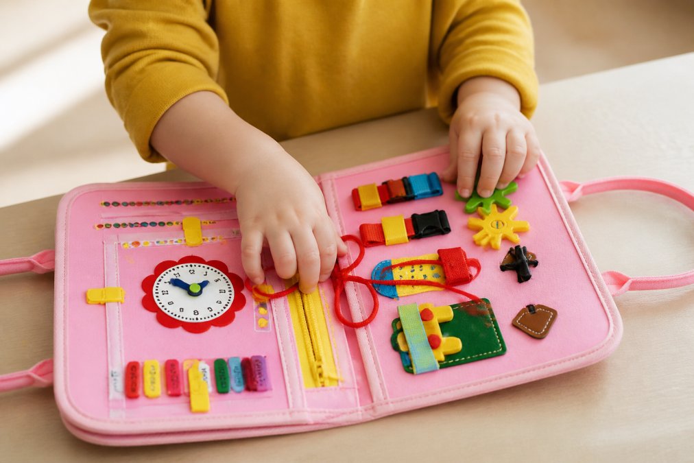 Close-up of a toddler's hands grasping and manipulating wooden blocks and shape-sorting toys on a light wooden table, with natural daylight illuminating the detailed hand positions and textures of the wooden pieces