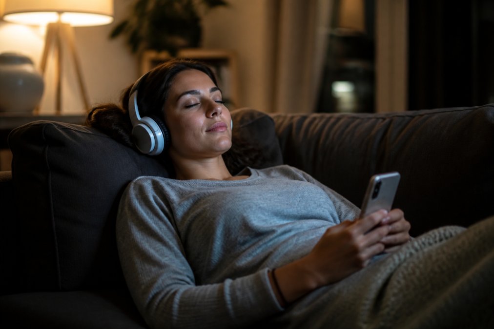 A relaxed person lying on a couch in a dimly lit living room wearing wireless headphones with eyes closed, holding a smartphone
