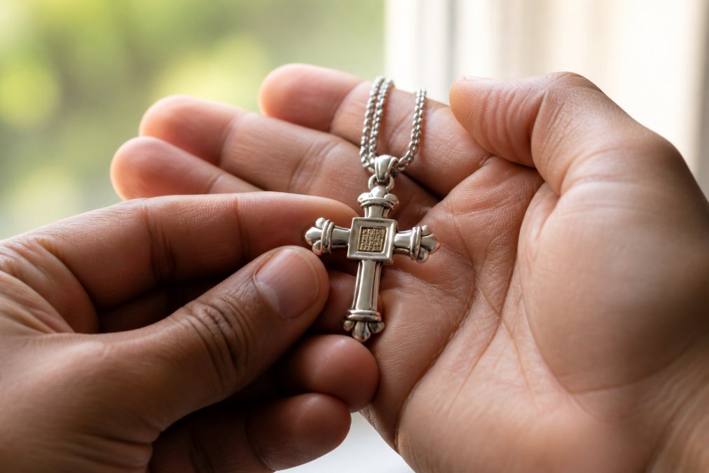 A close-up of a person's hands gently holding a small cross pendant with a nano Bible chip, soft natural light highlighting the engraved details, conveying a sense of reverence and personal connection