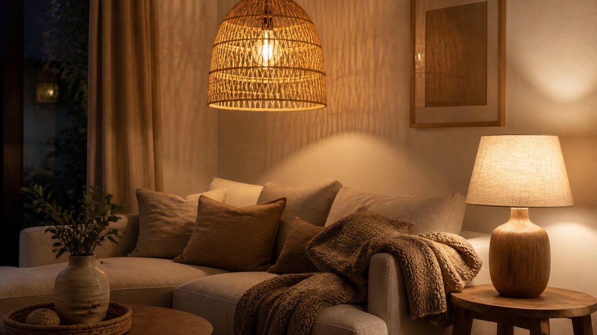 Infographic showing how natural lighting materials create warm, inviting textures in a cozy living room space.