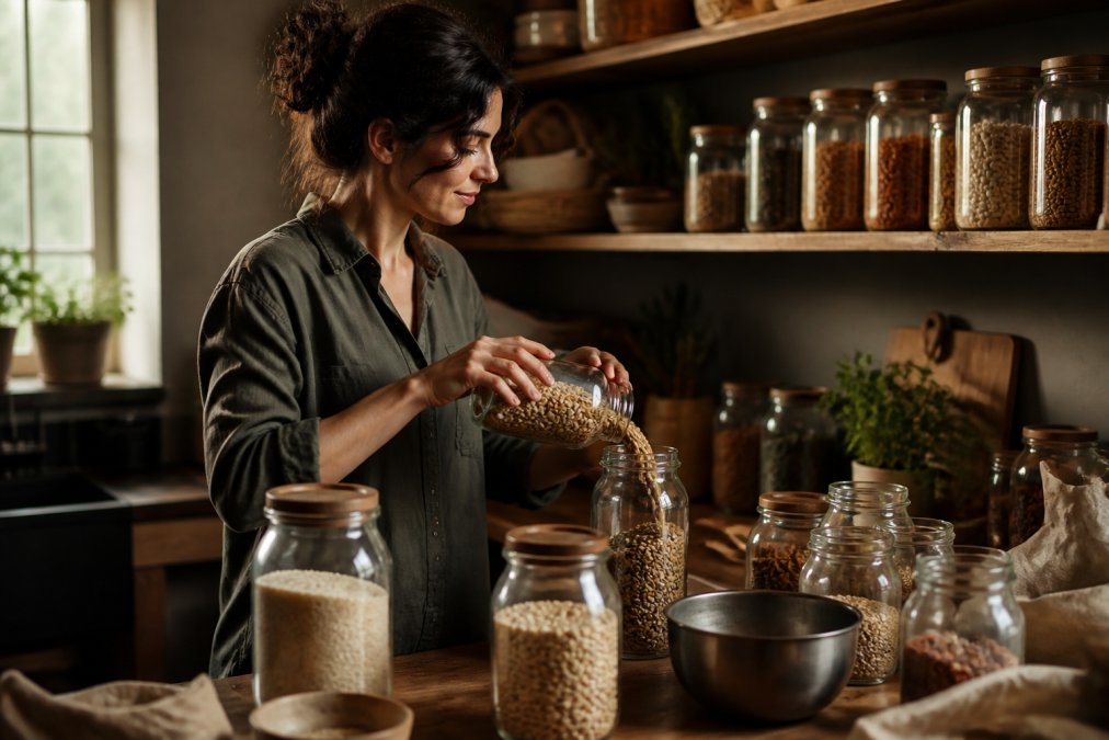 Woman filling glass jars with dry pantry staples on wooden shelves to explain why choose non-toxic storage for pantry