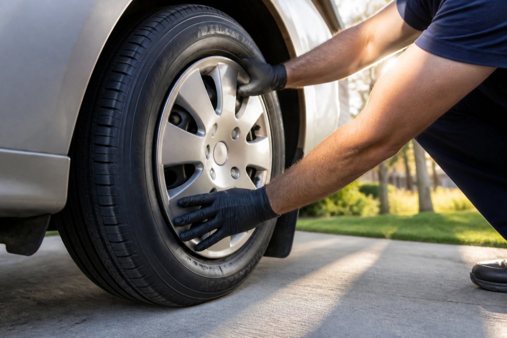 Close-up of a person's hands pressing an OEM-style wheel cover onto a car wheel in a driveway, tire and rim visible, late afternoon sunlight casting long shadows across the pavement