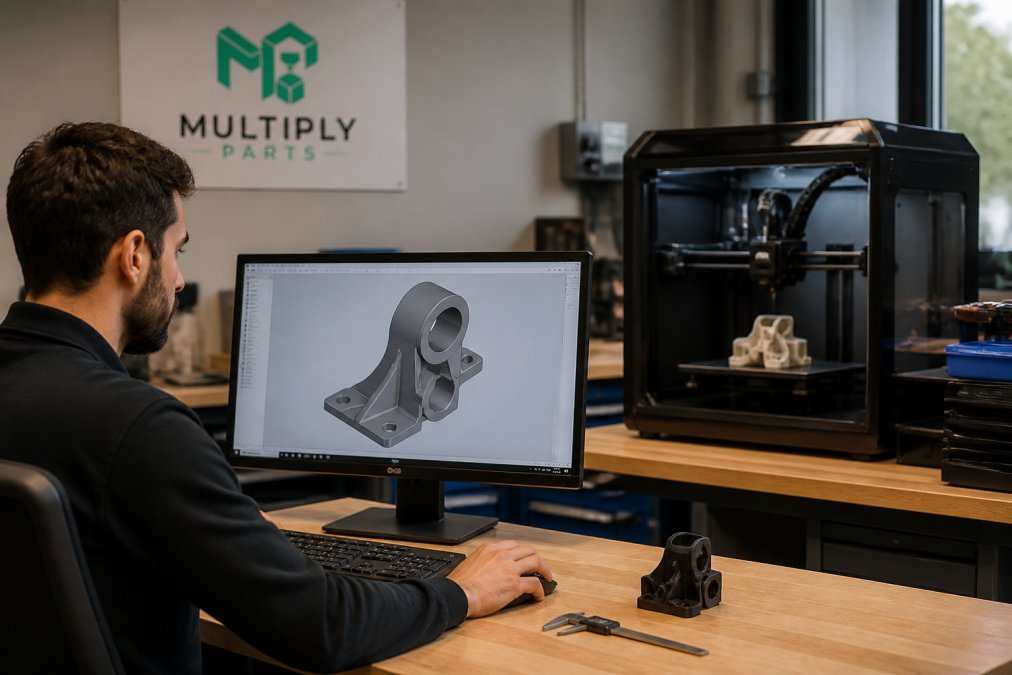 Why Choose On-Demand Manufacturing: 2026 Guide 2 Designer reviewing a 3D CAD model on a monitor while an on-demand manufacturing printer creates a plastic part