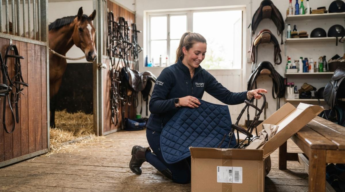 Rider unboxing new equipment from online tack stores in a barn with a horse nearby