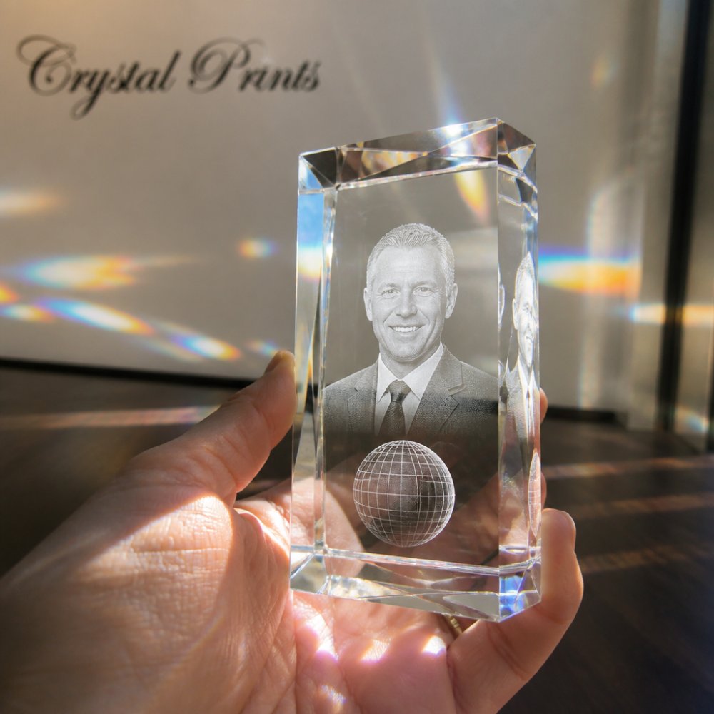 Close-up of a hand holding an optical crystal award with laser-engraved photograph visible inside, light refracting through the crystal creating brilliant rainbow effects, displayed against soft studio lighting