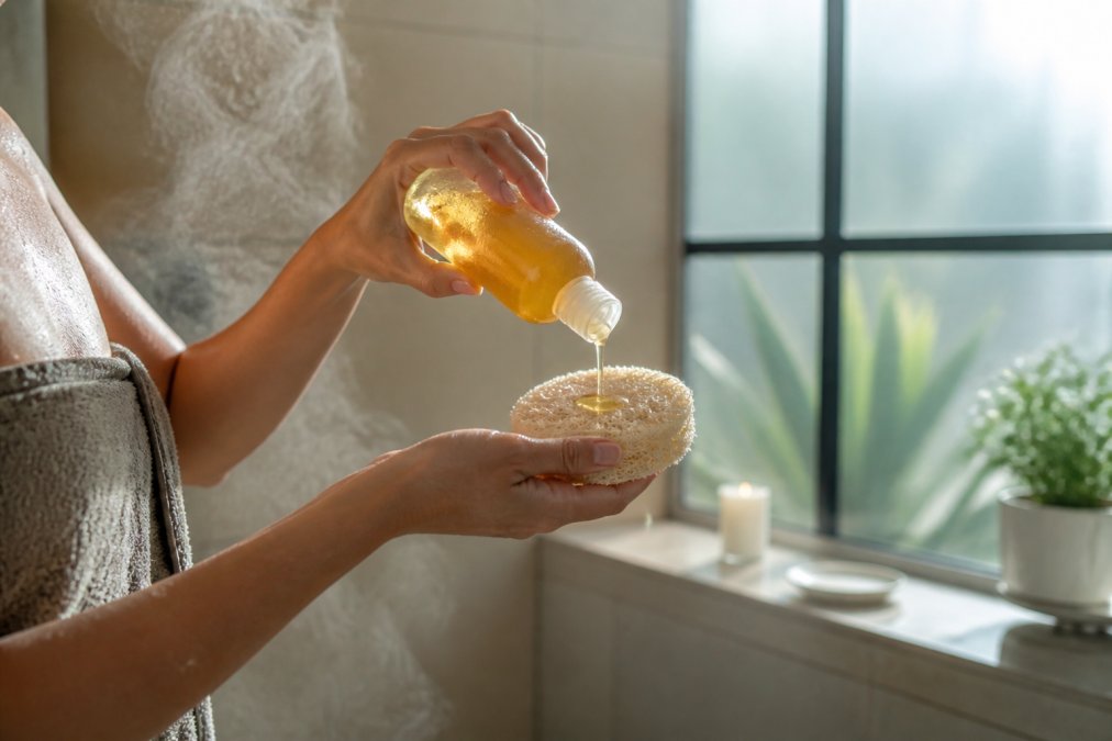 Close-up of hands squeezing golden organic shower oil onto a natural loofah in a modern bathroom, soft morning light through a frosted window, gentle steam rising from the shower