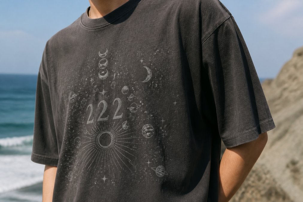 Close-up of someone wearing a premium organic cotton oversized tee with celestial 222 design, showing soft fabric texture and vintage wash detail in natural daylight