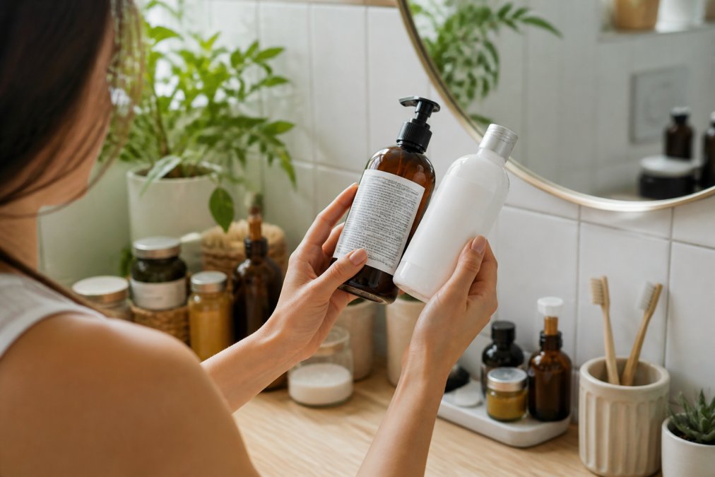 Close-up of a woman's hands holding two skincare bottles side by side, one with a visible ingredient list, in a bright bathroom with natural light