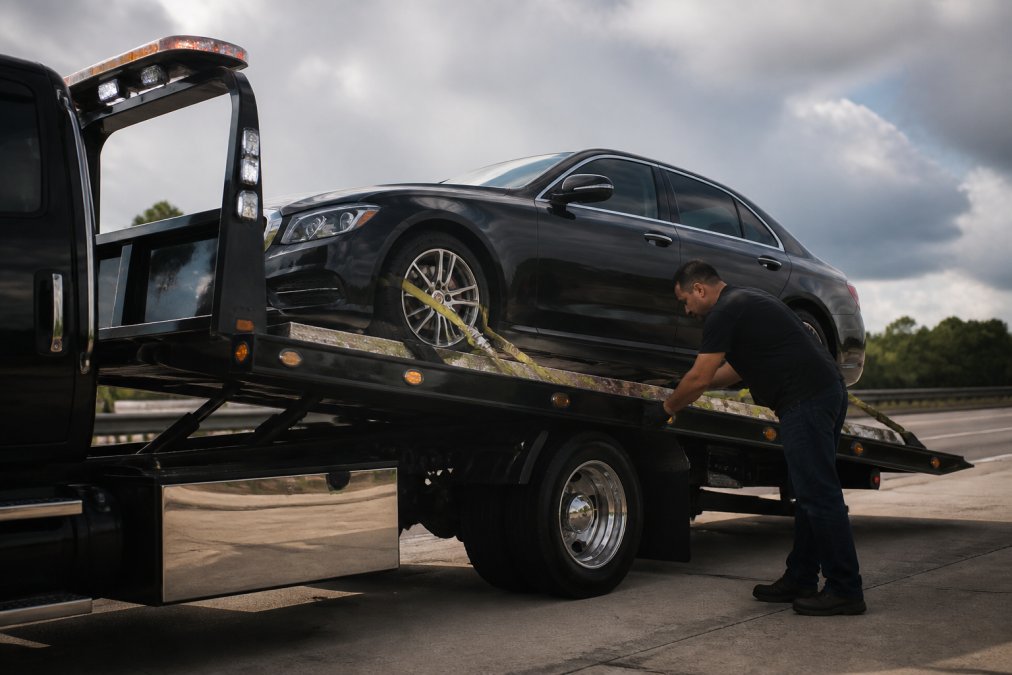 Professional flatbed tow truck with a luxury sedan being carefully loaded onto the bed using proper wheel straps and hydraulic tilt mechanism, showing tie-down equipment and safety lighting in daylight