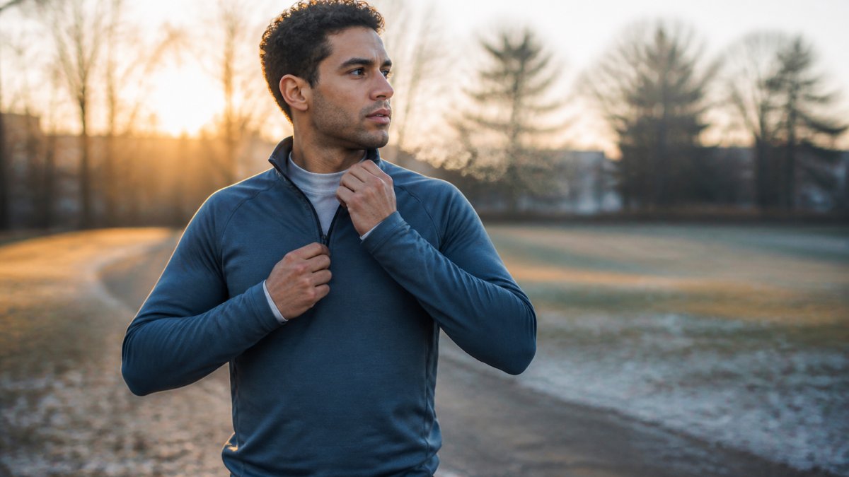 An athlete in a base layer and quarter zip midlayer adjusting the zipper during an outdoor workout in cool weather, breath visible in the morning air