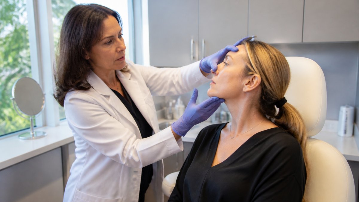 Physician in white coat conducting facial assessment consultation with patient in modern clinical setting, examining facial structure and symmetry under professional lighting