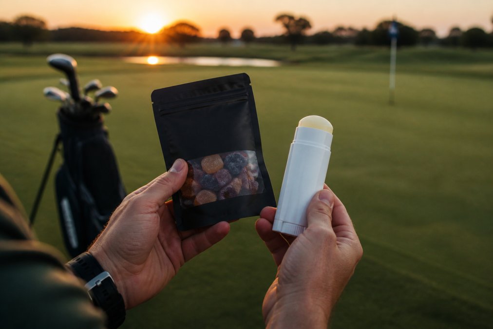 Golfer holding premium CBD for golf gummies and a topical stick on a green at sunrise