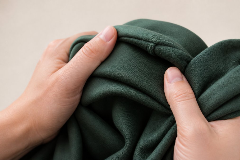 Close-up of hands holding a soft, thick cotton hoodie fabric against a neutral background, showing texture and stitching detail