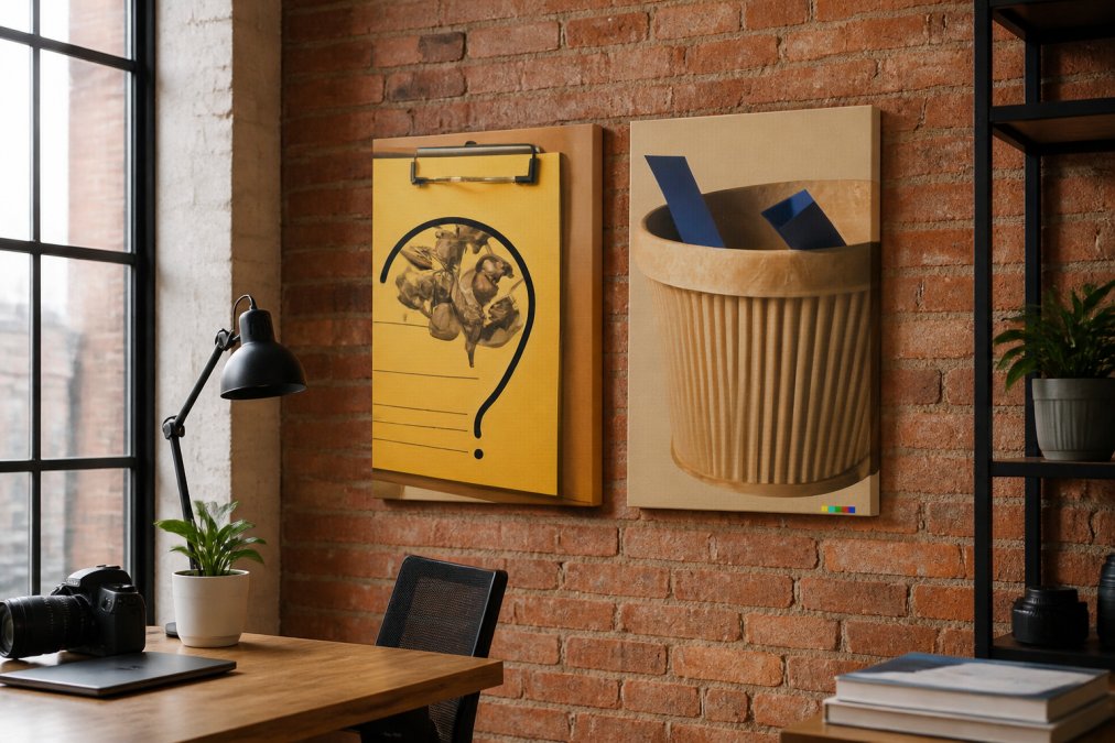 A modern creator's studio space with premium AI-generated canvas prints displayed on exposed brick walls, showing cohesive brand aesthetic across multiple pieces with professional lighting highlighting print quality and color accuracy