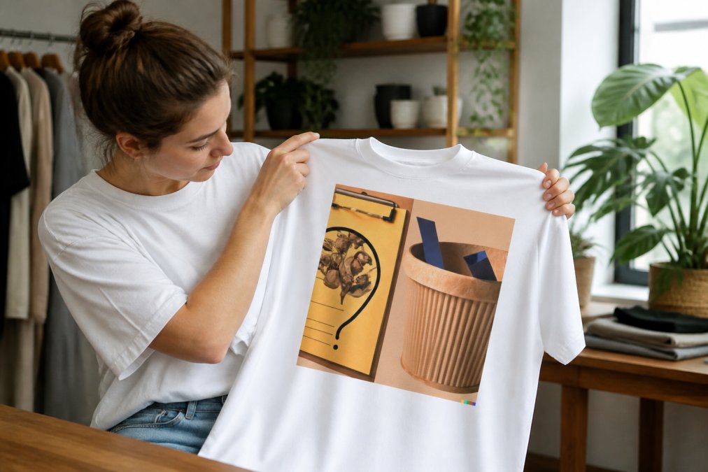 A content creator holding a premium custom AI-designed t-shirt, examining the print quality and fabric detail up close, showing the professional finish of the apparel with vibrant color accuracy and sharp design reproduction
