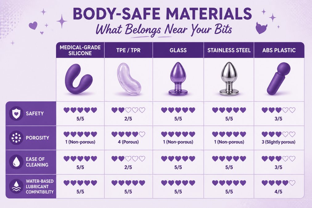 Comparison matrix of intimate wellness material types: medical-grade silicone, TPE/TPR, glass, stainless steel, and ABS plastic, rated on safety, porosity, ease of cleaning, and water-based lubricant compatibility