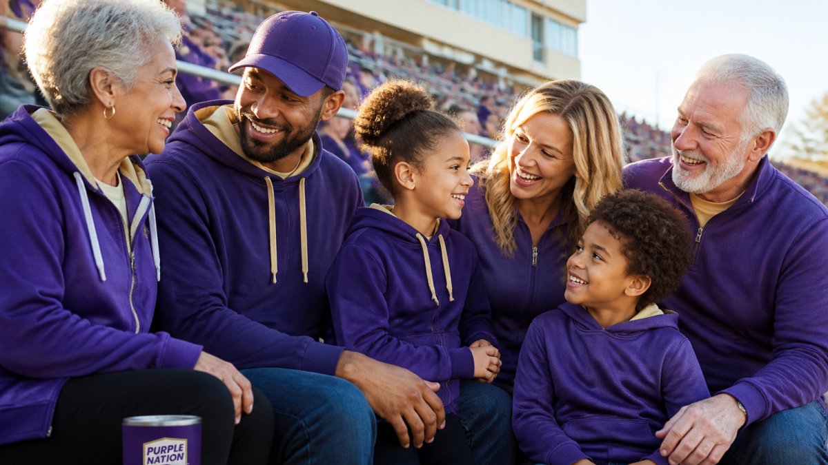Multi-generational family wearing coordinated JMU apparel at a stadium or campus setting, with parents, children, and grandparents in purple and gold gear, natural outdoor lighting, showing genuine smiles and connection