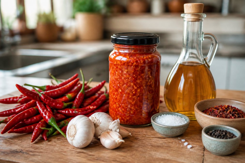 A bright kitchen counter with a jar of artisanal hot sauce next to fresh chillies, garlic, and vinegar, showing the whole ingredients used in small-batch production