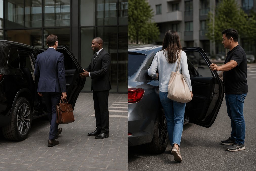 A professional chauffeur in a dark suit holding the rear door open for a business traveler next to a black luxury SUV in front of an upscale office building
