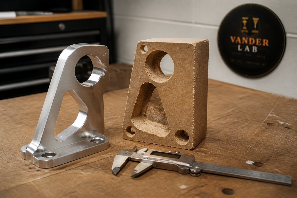 Close-up of a machined aluminum bracket with a fine surface finish held next to a rough-cut wooden test piece on a workbench, digital calipers resting between them under warm shop lighting