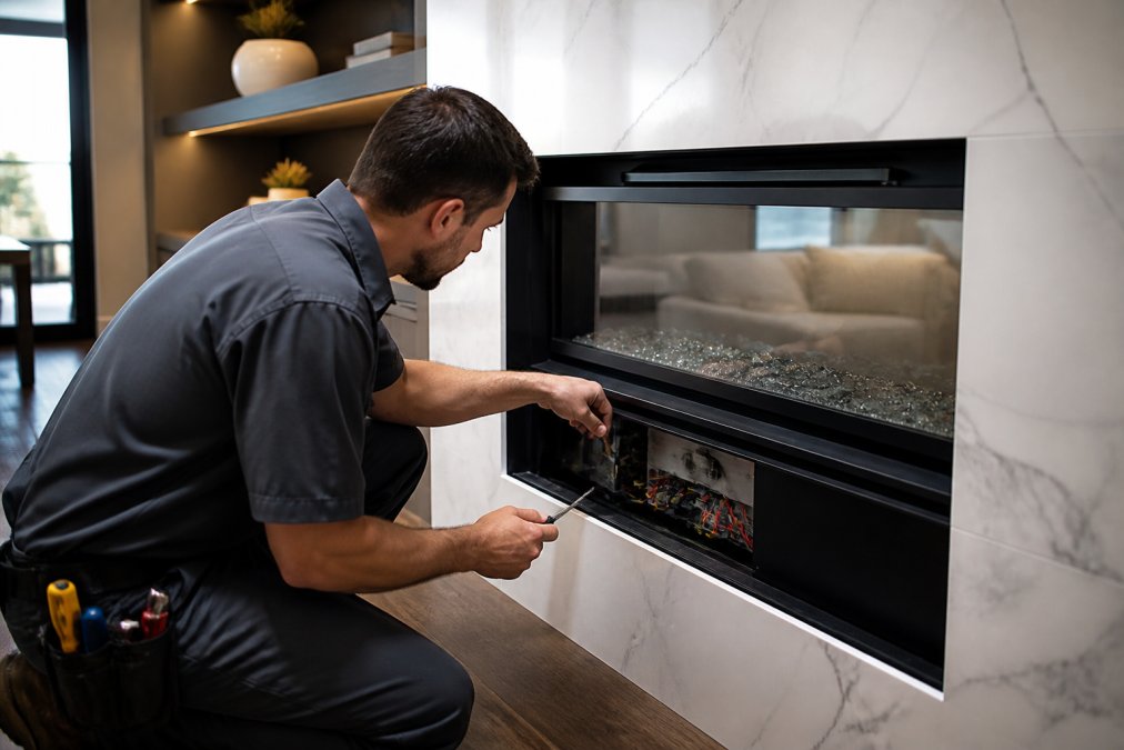 Certified technician performing a professional fireplace installation in a modern luxury living room.