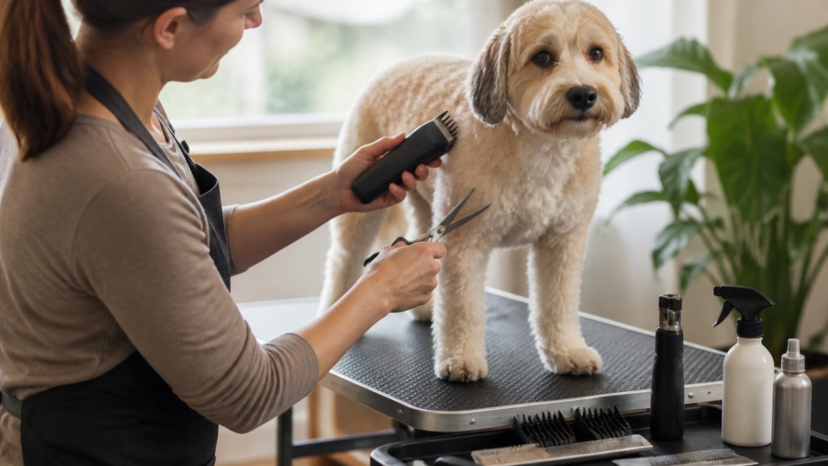 A pet owner using professional cordless clippers and grooming scissors to trim a calm dog standing on a grooming table in a bright home setting