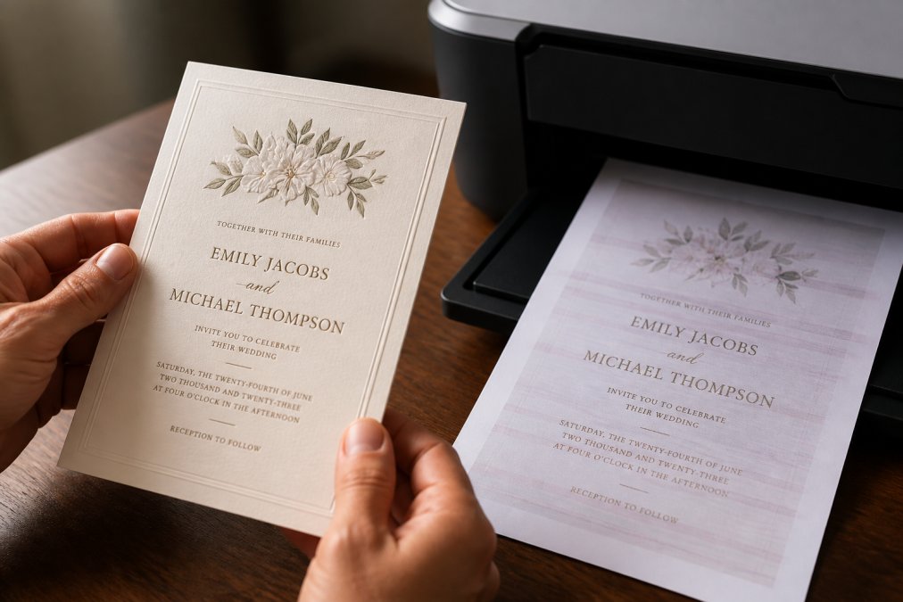 Comparison showing high-quality textured stationery versus low-quality home printed paper with banding.