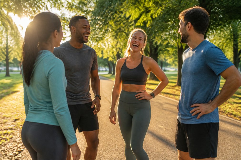 Runners in athletic gear laughing in a park, embodying the community spirit of purpose-driven brands.