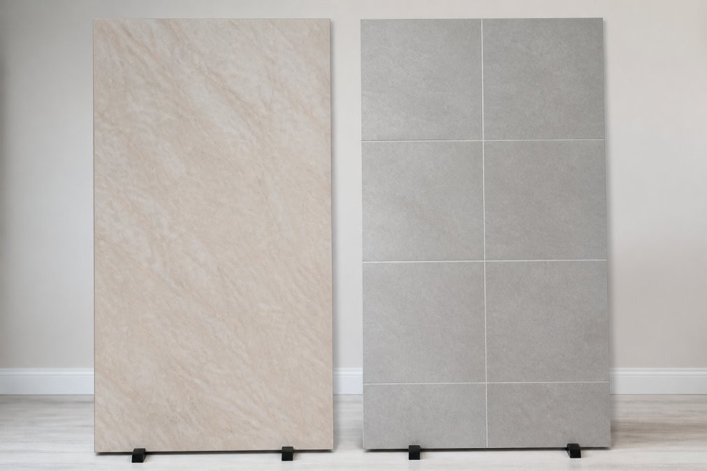 Modern bathroom with seamlessly installed PVC shower panels in marble effect finish, clean waterproof surface with no visible grout lines, bright natural lighting highlighting the matte finish