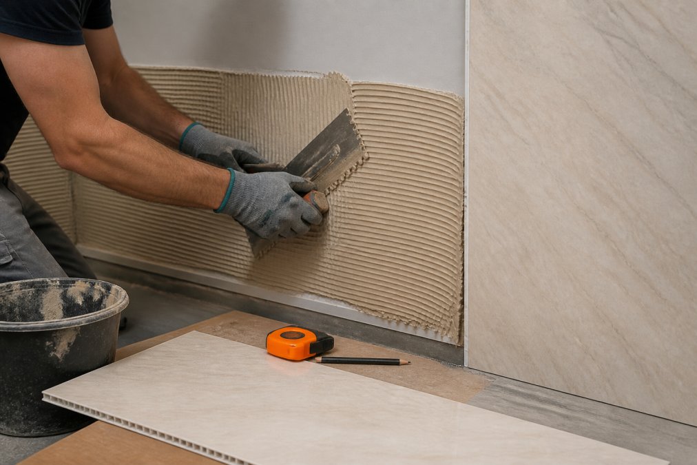 Close-up of hands wearing work gloves applying waterproof adhesive to bathroom wall with a notched trowel, tongue and groove PVC panel connection visible in background, bright workshop lighting
