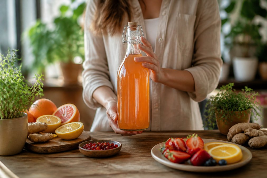 A person holding a glass bottle of raw kombucha with fresh fruit and herbs on a rustic wooden table, natural light highlighting the drink's vibrant color
