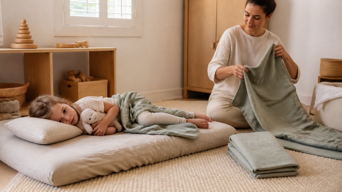 A young child lying calmly on a soft linen floor bed in a sunlit room, holding a small comfort toy, with a parent nearby folding another linen sheet