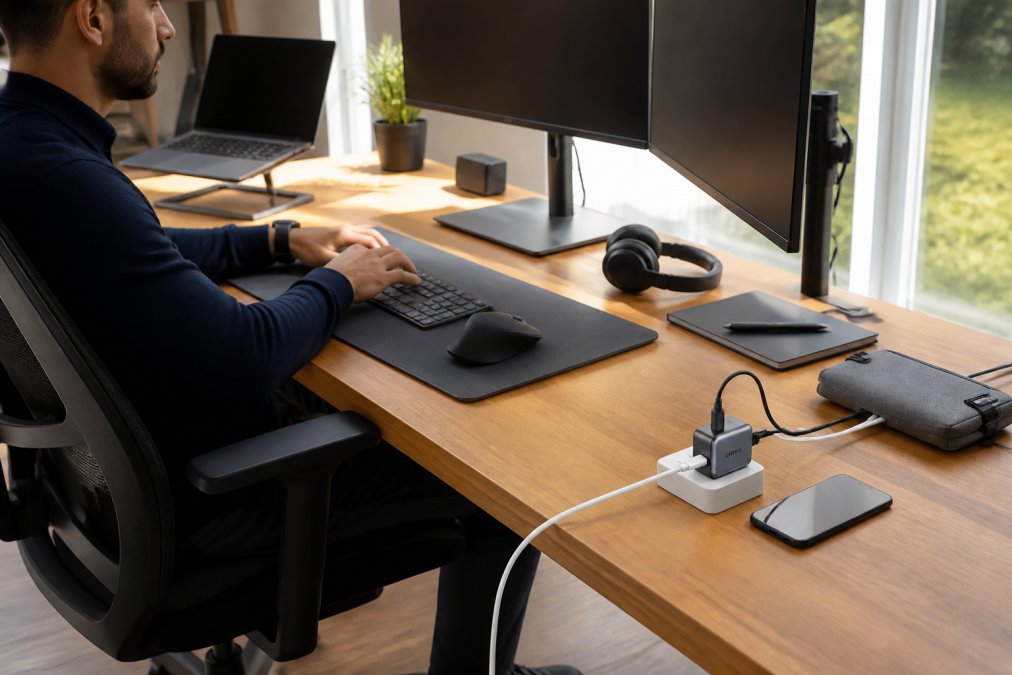 Person working at ergonomic home desk with multiple monitors, keyboard, mouse, and charging cables neatly organized on a wooden surface with natural window lighting