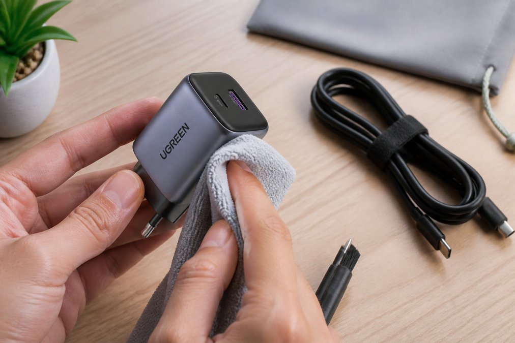 Close-up of hands carefully cleaning tech accessories with microfiber cloth, organizing cables with velcro ties, and inspecting charging ports for debris on a clean workspace