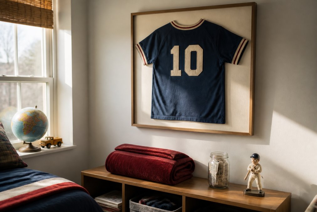 Vintage sports jersey mounted in a frame as repurposed sports gear decor above a shelf with ticket stubs