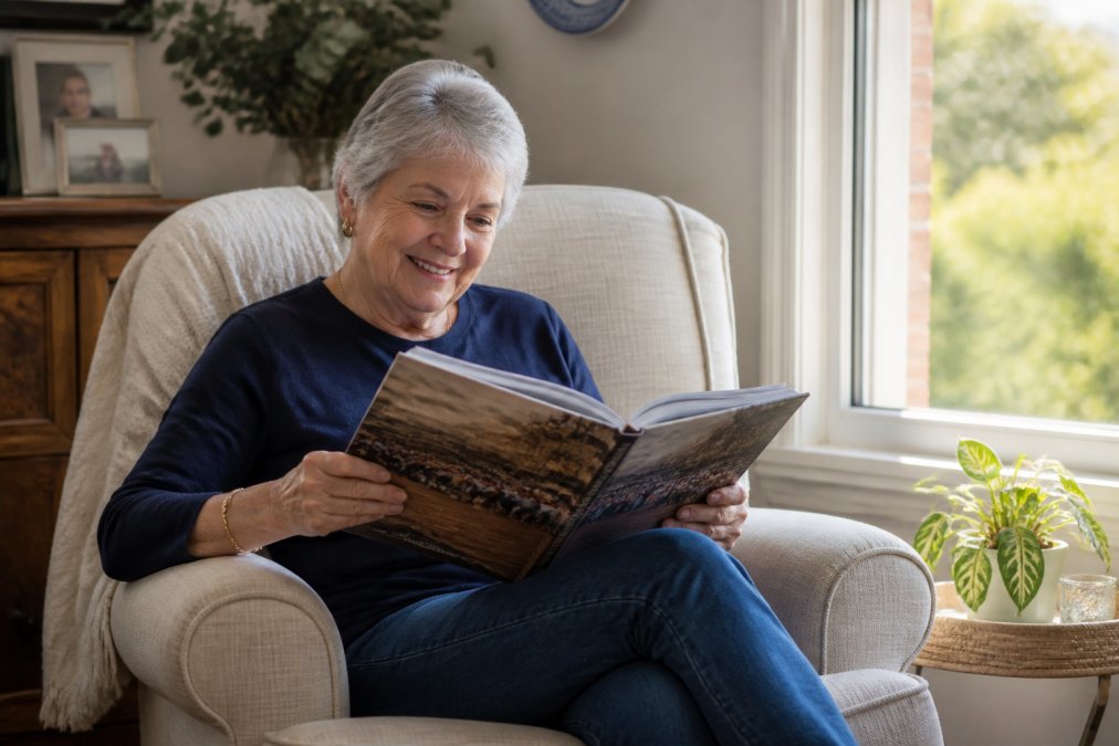 An older Australian woman sitting in a comfortable armchair, holding an open nostalgia photo book with a warm smile, soft natural light coming through a window beside her