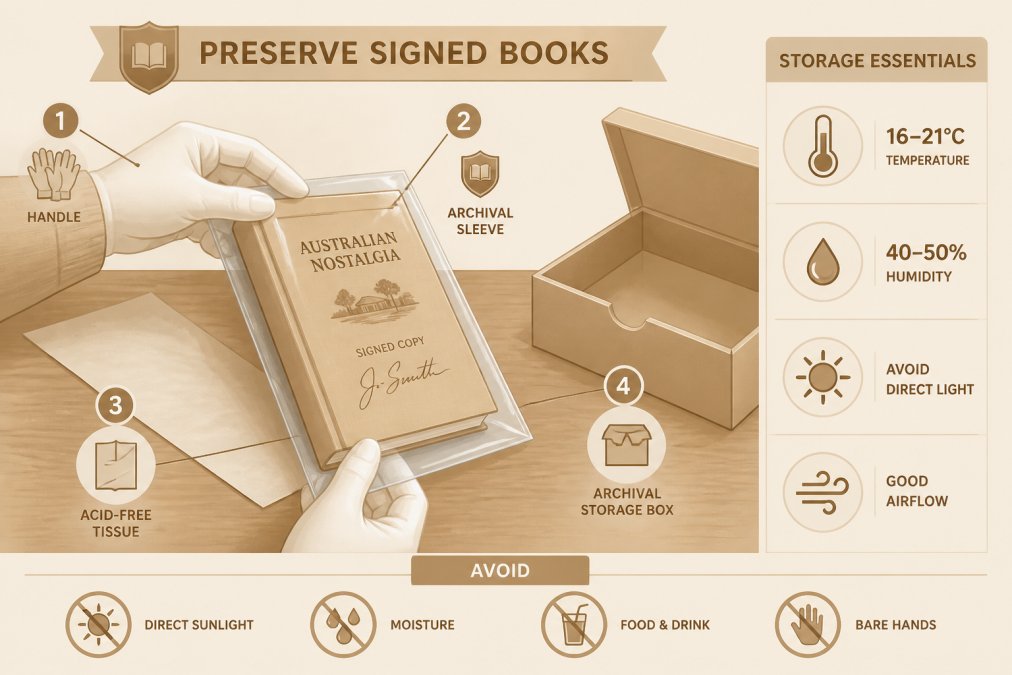 Close-up of gloved hands carefully placing a signed hardcover book into a clear archival sleeve on a wooden table, with acid-free tissue paper and a storage box nearby