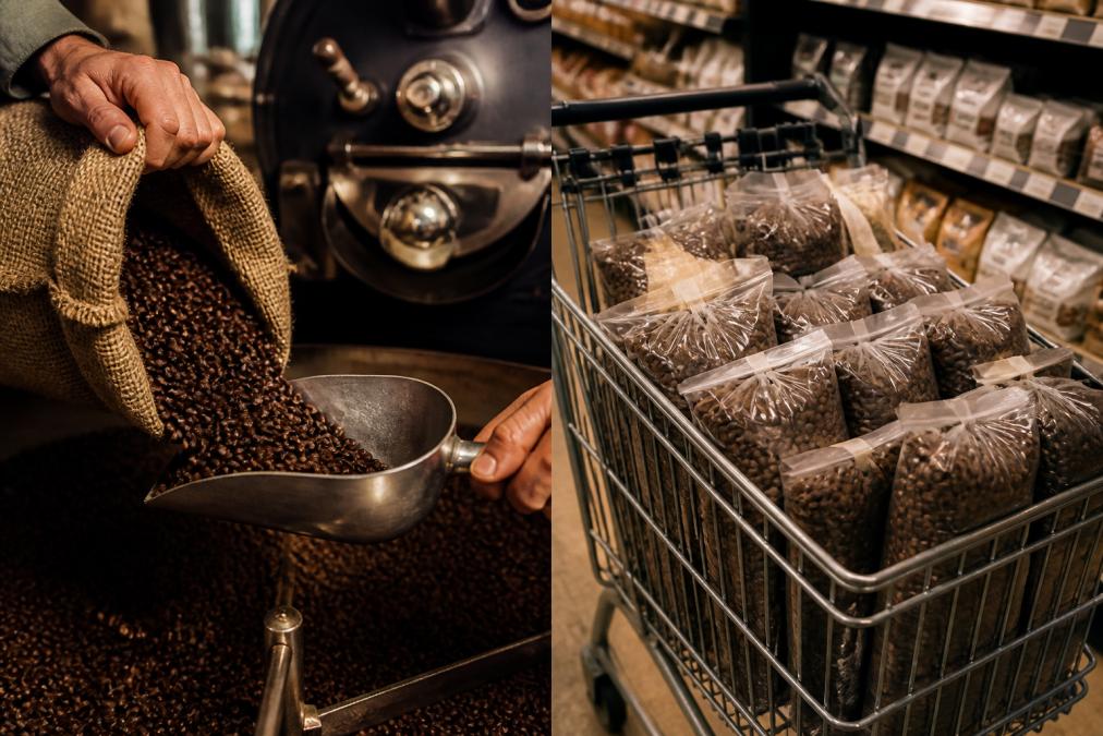 A hand pouring freshly roasted whole coffee beans from a burlap sack into a metal scoop, with a large drum roaster visible in the background under warm workshop lighting