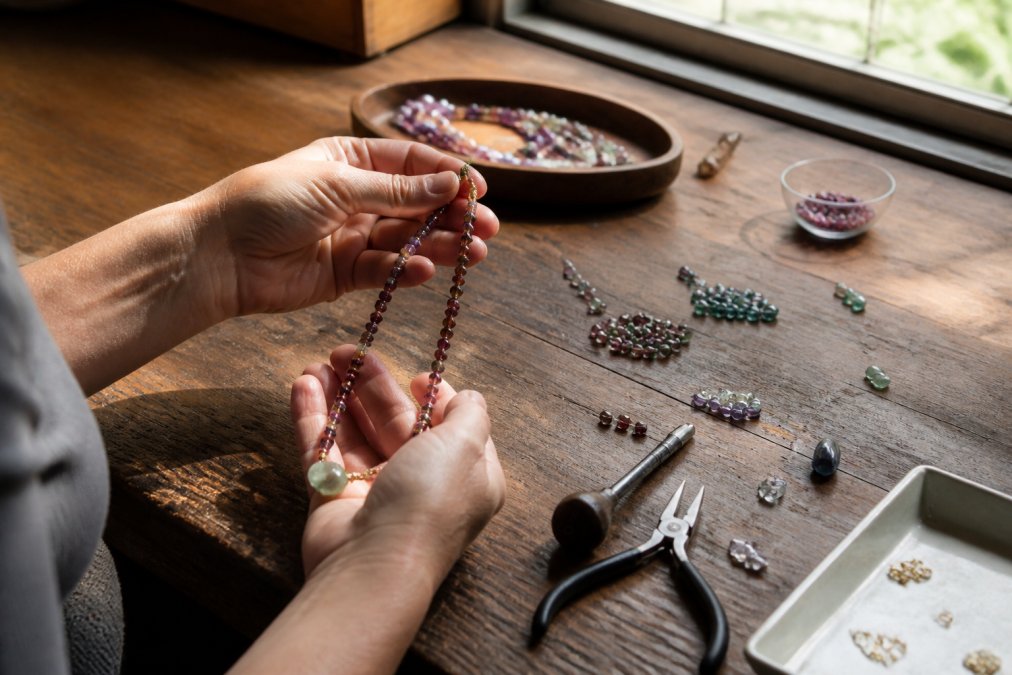 Close-up of a jeweller's hands inspecting a hand-strung gemstone necklace at a timber workbench, loose beads and small tools scattered nearby, warm natural window light