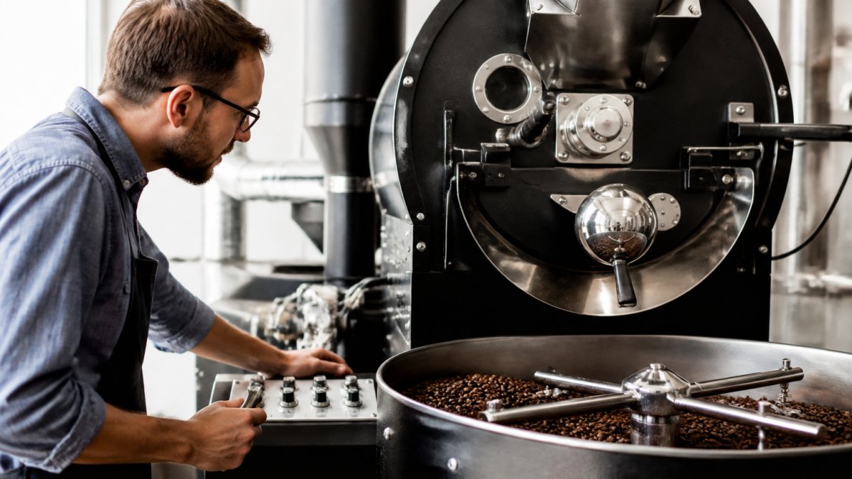 Skilled coffee roaster monitoring a small batch in a roasting drum, watching bean color development with focused attention, hand positioned near temperature controls in a modern roastery