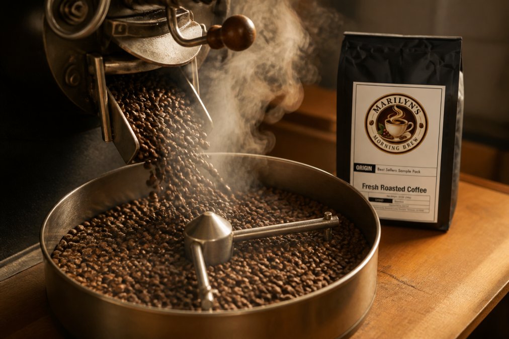 Close-up of freshly roasted coffee beans being poured from a small roasting drum into a cooling tray, steam rising, warm golden light illuminating the dark beans against a natural wood surface